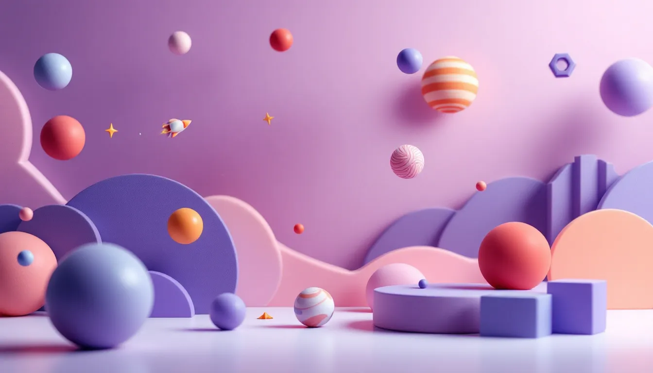 Abstract illustration of number blocks and shapes orbiting like planets around a small rocket silhouette