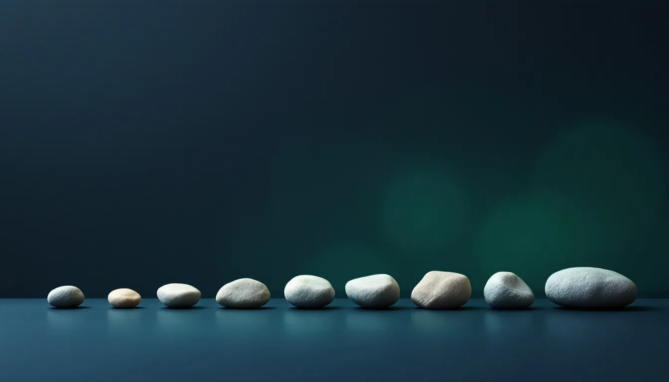 Abstract still life of stones arranged in a calming progression, symbolizing a nicotine withdrawal timeline