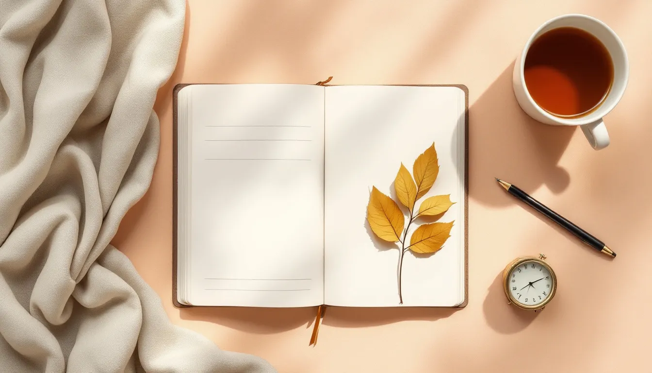 Flat lay illustration of an open notebook page with a bookmark and a cup of tea, representing a simple book journal template